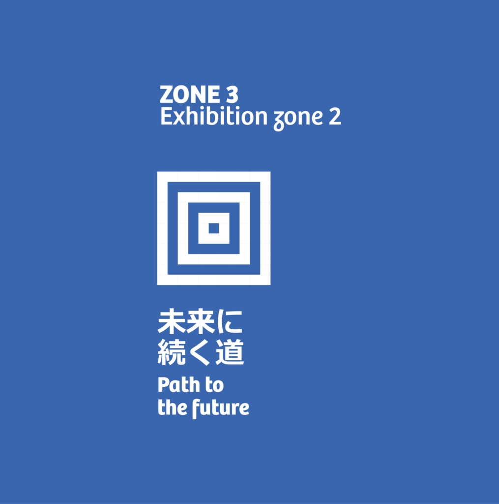 Señalética "Zone 3 — Exhibition zone 2 / Path to the future" en japonés e inglés, sobre fondo azul